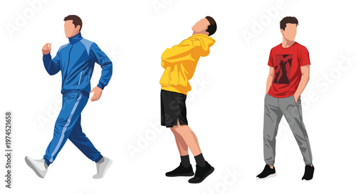 Collection set vector flat style of 3 men wearing sport outfits in active poses, athletic lifestyle characters isolated on clean background for fitness and training concepts