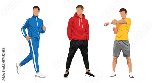 Collection set vector flat style of 3 men wearing sport outfits in active poses, athletic lifestyle characters isolated on clean background for fitness and training concepts
