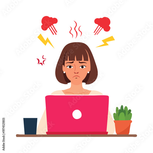Stressed woman working on a laptop with steam and lightning symbols above her head, feeling overwhelmed and frustrated