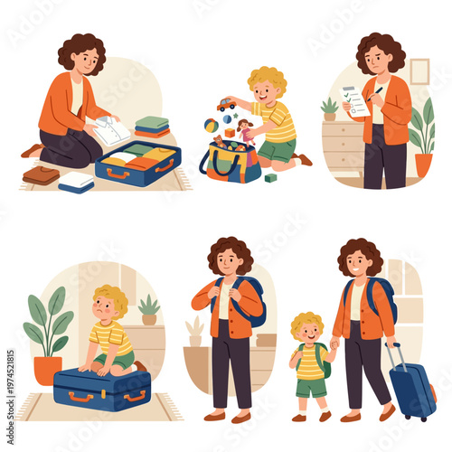 A cartoon illustration showing a happy mother and her smiling son packing and preparing for their family vacation together in a fun and colorful way against a light gray background with subtle
