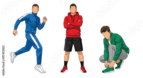 Collection set vector flat style of 3 men wearing sport outfits in active poses, athletic lifestyle characters isolated on clean background for fitness and training concepts
