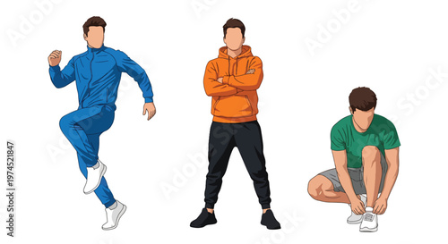 Collection set vector flat style of 3 men wearing sport outfits in active poses, athletic lifestyle characters isolated on clean background for fitness and training concepts
