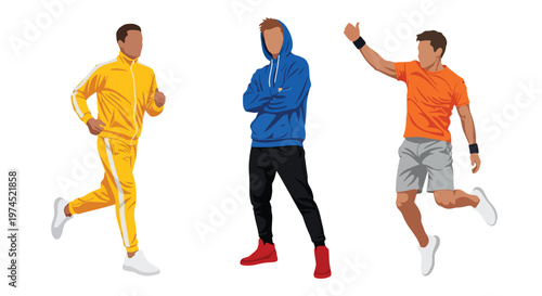 Collection set vector flat style of 3 men wearing sport outfits in active poses, athletic lifestyle characters isolated on clean background for fitness and training concepts