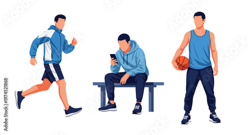 Collection set vector flat style of 3 men wearing sport outfits in active poses, athletic lifestyle characters isolated on clean background for fitness and training concepts