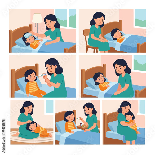 Set of eight adorable vector illustrations showing a mother and daughter's tender interactions in a cozy bedroom with a light pink background, featuring various scenes of care and concern.