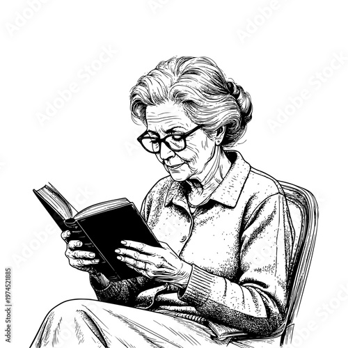 An elderly woman sitting in a chair and reading a book, black and white sketch. Vector illustration. Line drawing, isolated on a white background. Concept of relaxation and happy old age.