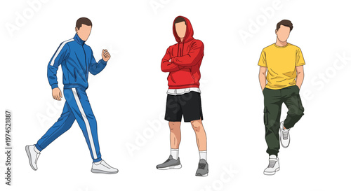 Collection set vector flat style of 3 men wearing sport outfits in active poses, athletic lifestyle characters isolated on clean background for fitness and training concepts
