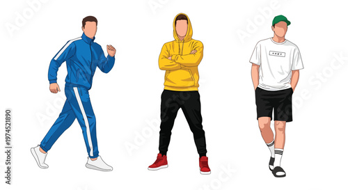 Collection set vector flat style of 3 men wearing sport outfits in active poses, athletic lifestyle characters isolated on clean background for fitness and training concepts