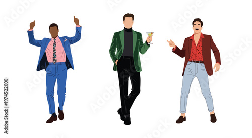Collection set vector flat style of 3 men wearing stylish party outfits in confident poses, fashionable nightlife characters isolated on clean background for celebration and entertainment concepts