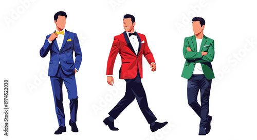 Collection set vector flat style of 3 men wearing stylish party outfits in confident poses, fashionable nightlife characters isolated on clean background for celebration and entertainment concepts