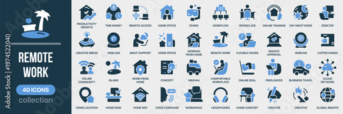Remote work fill icon collection. Includes home office, freelance, online communication, workflow and digital workplace symbols. Created in colored style with blue palette
