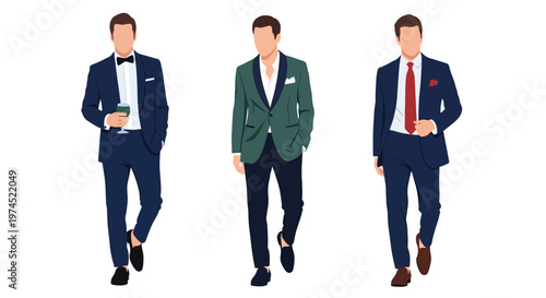 Collection set vector flat style of 3 men wearing stylish party outfits in confident poses, fashionable nightlife characters isolated on clean background for celebration and entertainment concepts