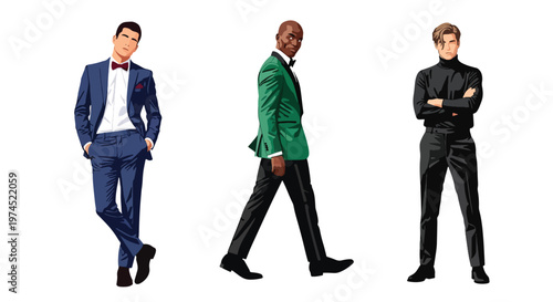 Collection set vector flat style of 3 men wearing stylish party outfits in confident poses, fashionable nightlife characters isolated on clean background for celebration and entertainment concepts