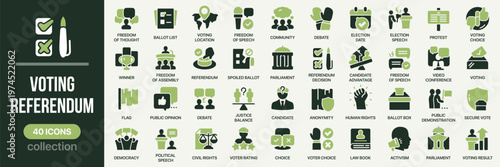 Voting referendum fill icon collection. Includes election process, democracy, ballot, rights, opinion and political participation symbols. Created in colored style with green palette