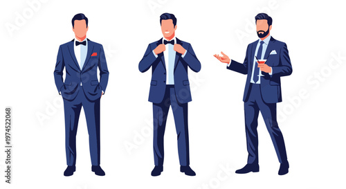 Collection set vector flat style of 3 men wearing stylish party outfits in confident poses, fashionable nightlife characters isolated on clean background for celebration and entertainment concepts