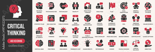 Critical thinking fill icon collection. Includes analysis, decision making, strategy, logic, problem solving and cognitive process symbols. Created in colored style with red palette