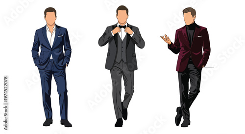 Collection set vector flat style of 3 men wearing stylish party outfits in confident poses, fashionable nightlife characters isolated on clean background for celebration and entertainment concepts