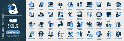 Hard skills fill icon collection. Includes professional abilities, technical knowledge, education, productivity and career development symbols. Created in colored style with blue palette