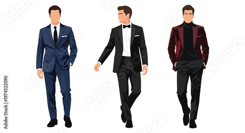 Collection set vector flat style of 3 men wearing stylish party outfits in confident poses, fashionable nightlife characters isolated on clean background for celebration and entertainment concepts