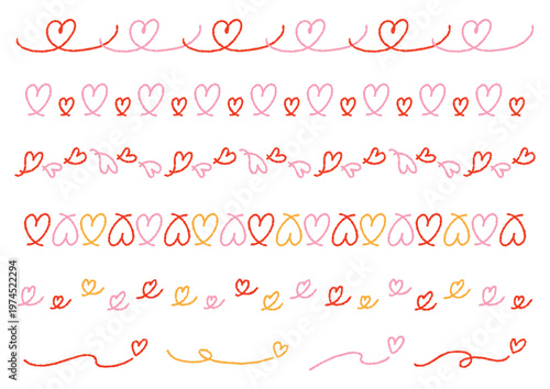 ハート模様の手書きの区切り線のセット（デコボコの線）