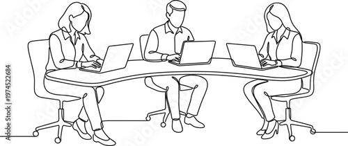 Remote team working on laptops at curved desk modern office collaboration line art vector illustration for digital workspace