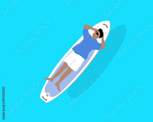 Paddle boarding. Top view on sup board floating in clear marine water with relaxed person on it.