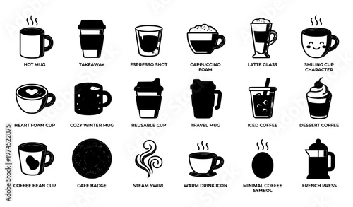 Cute coffee cup minimal line icon collection with hot drink mugs takeaway cups and cafe symbols vector