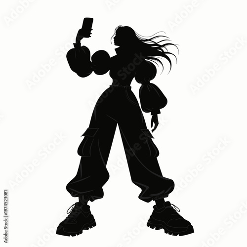 Fashionable woman silhouette taking selfie, stylish girl in cargo pants and puff sleeve jacket, trendy female influencer with smartphone vector