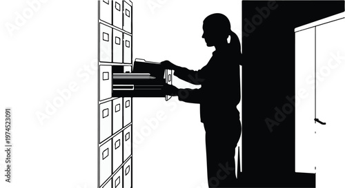 Silhouette of woman filing documents in office drawer, organized workspace with filing cabinet, professional business storage