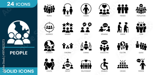 People icon set. Human interaction, family, community, friends, audience, voting, communication, team, diversity, children, support, crowd, person. Solid vector icons