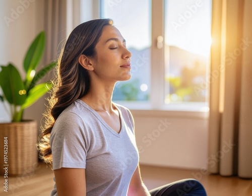 A person sitting in a comfortable position, eyes closed, with a soft glowing light Free Download A person sitting in a comfortable position, eyes closed, with a soft glowing light - GFXLoad