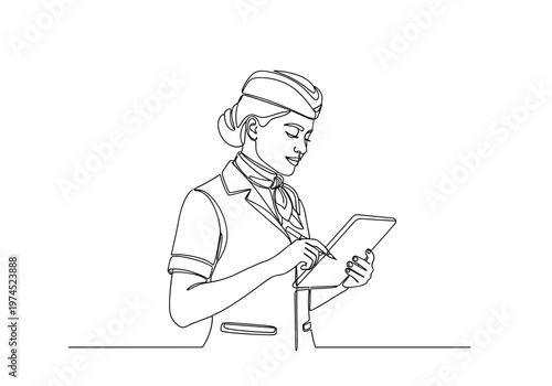 Flight attendant checking passenger list on tablet device