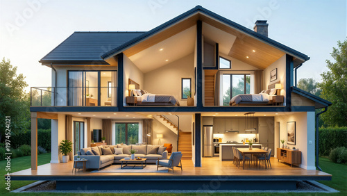 Modern house interior with living room kitchen and bedroom sections