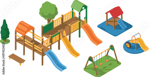 Isometric playground equipment collection with slides swings and structures vector illustration for park design