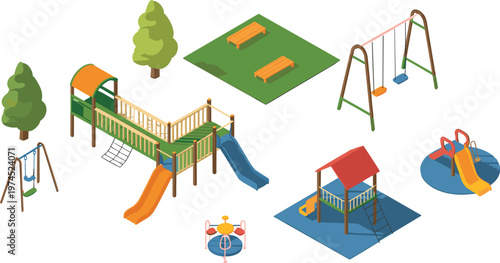 Isometric playground equipment set with slides swings and benches vector illustration for park design