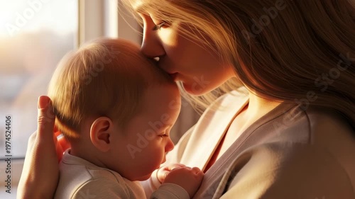 Close up of a mother kissing her baby's head with soft natural light