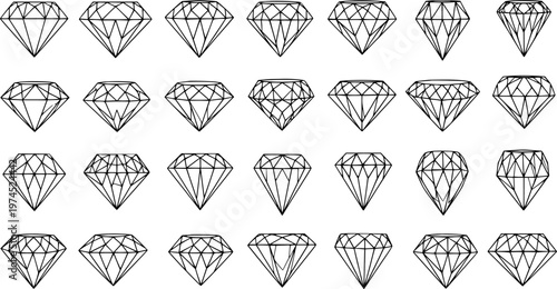 Black and White Line Art Diamond Icons Set - Jewelry and Luxury Graphics