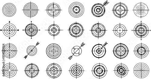 Black and White Line Art Targets and Darts Icons Collection, Symbolizing Aim, Precision, and Success in Business and Sports