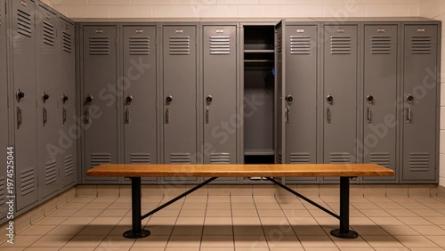 A row of gray lockers in a changing room with a wooden bench in front. One locker is open, revealing empty space inside.