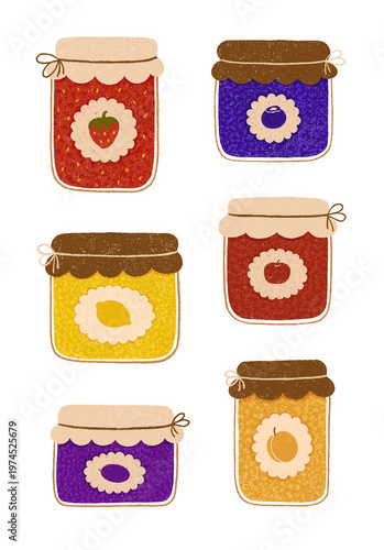 Decorative jars of fruit jam hand drawn sticker set with strawberry blueberry and citrus preserves for label design and food packaging decor.