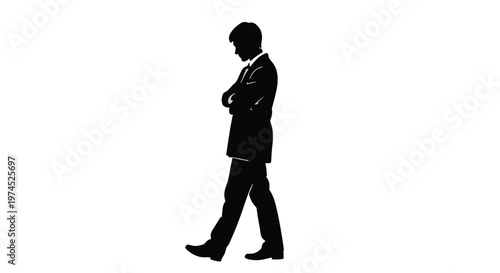 Silhouette of confident businessman walking alone in formal attire on white background, side view, professional and successful