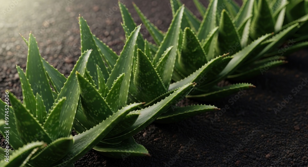 Fototapeta premium A close-up of spiky green plants in a row on dark earth