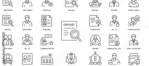 Line-style human resources and recruitment icon set with resumes, magnifying glasses, and team symbols.