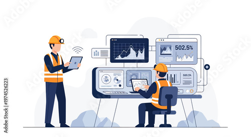 Two engineers in hard hats and safety vests monitor data on multiple screens in a control room, one holding a tablet.