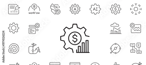 Line-style business analytics icon set with goals, optimization, and data visualization.