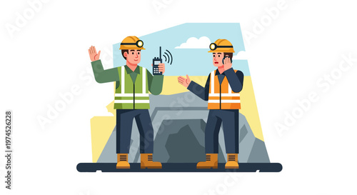 Two miners in hard hats and safety vests communicating with a walkie-talkie near a mine entrance.