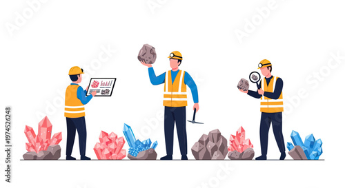 Miners examining geological samples and crystals, showcasing the process of mineral extraction and analysis.