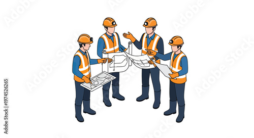 Four construction workers in hard hats and safety vests gathered around blueprints, discussing a project plan.