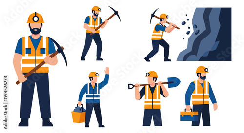 Collection of illustrations depicting miners in various work scenarios, including digging, carrying tools, and working with rock formations.