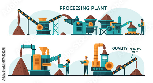 Illustration of a modern processing plant with conveyor belts, machinery, and workers handling materials, showing input and output stages.
